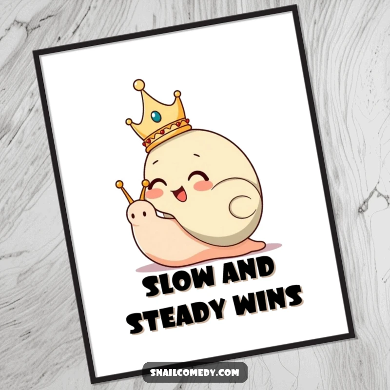 Funny Free Printable Wall Art: A giggling snail wearing a small crown joyfully rules its tiny kingdom, exuding quirky charm.