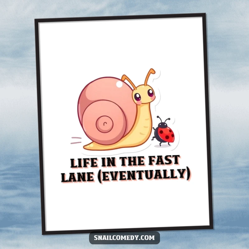 Funny Free Printable Wall Art: A determined snail overtakes a ladybug in a comical race, vibrant downloadable decor.