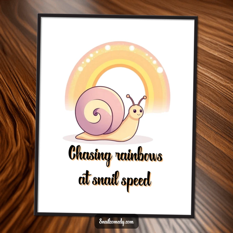 Funny Free Printable Wall Art featuring a happy snail character admiring an oversized, shimmering rainbow, a whimsical downloadable decor.