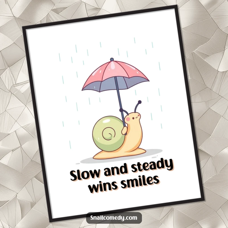 Funny Free Printable Wall Art: A determined snail carries a tiny umbrella through a rainy downpour.