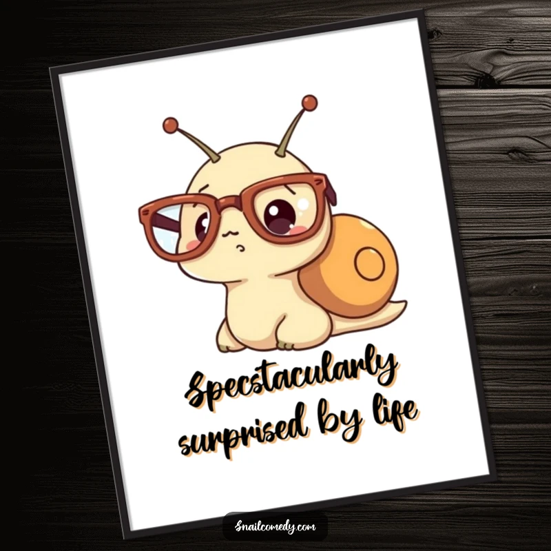 Funny Free Printable Wall Art: A kawaii snail sporting huge, round glasses, with wide eyes expressing adorable, comical surprise.