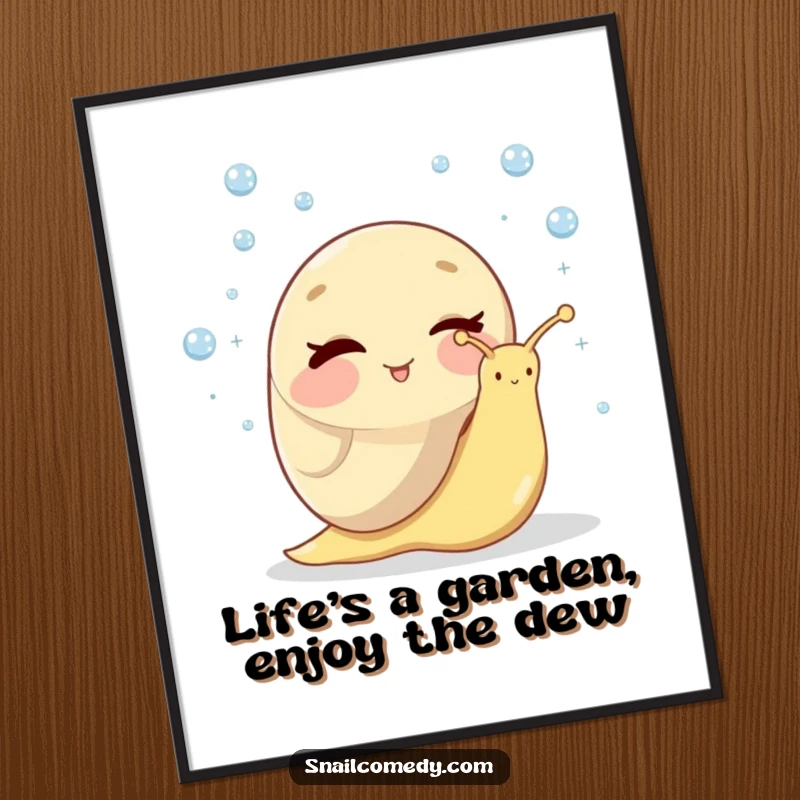 Funny Free Printable Wall Art: A cheerful snail winks while skillfully juggling shiny dewdrops, adding quirky charm to any room.