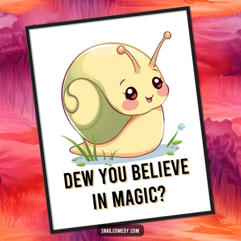 Funny Free Printable Wall Art: Goofy snail stretching to catch a drop of morning dew, adding a splash of slow-motion humor.