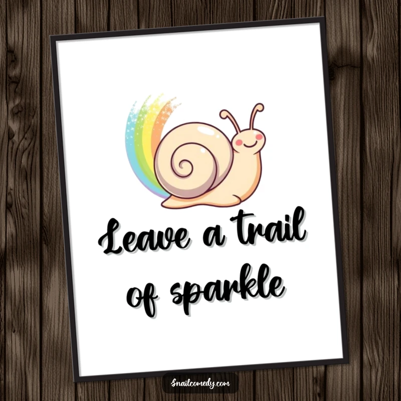 Funny Free Printable Wall Art: A happy snail creating a mesmerizing, shimmering rainbow trail, adding color to decor.