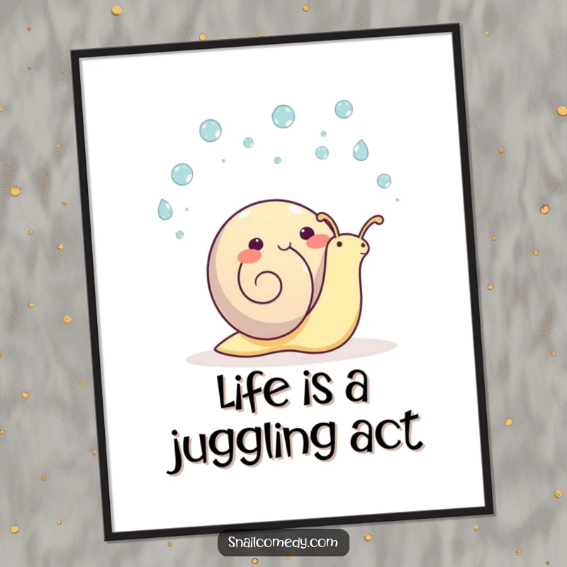Whimsical Free Printable Wall Art of a kawaii snail happily juggling tiny raindrops, its expression full of pure delight.