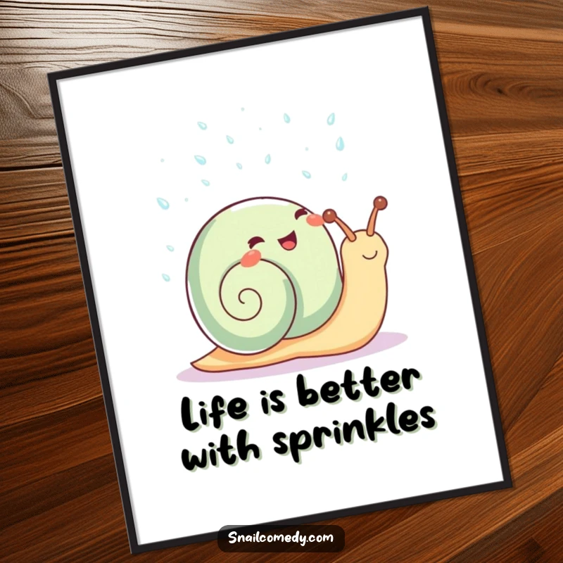 Funny Free Printable Wall Art: A cute kawaii snail gleefully showers itself with tiny, sparkling raindrops.