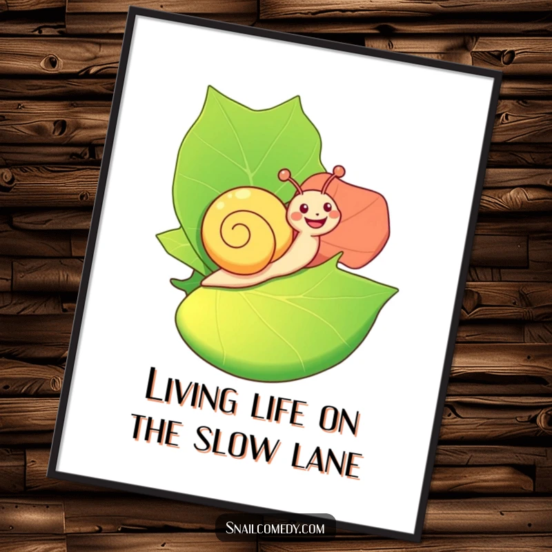 Funny Free Printable Wall Art: A happy snail joyfully riding on a giant, colorful leaf, embodying simple pleasures and contentment.