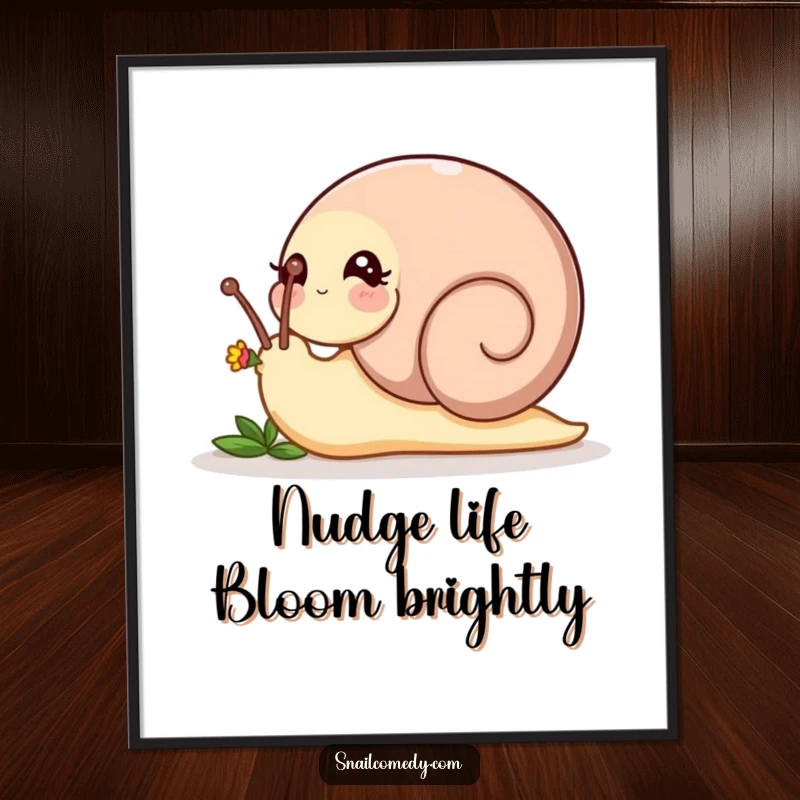 Funny Free Printable Wall Art: A playful snail gently nudging a tiny, unopened flower bud with its body.