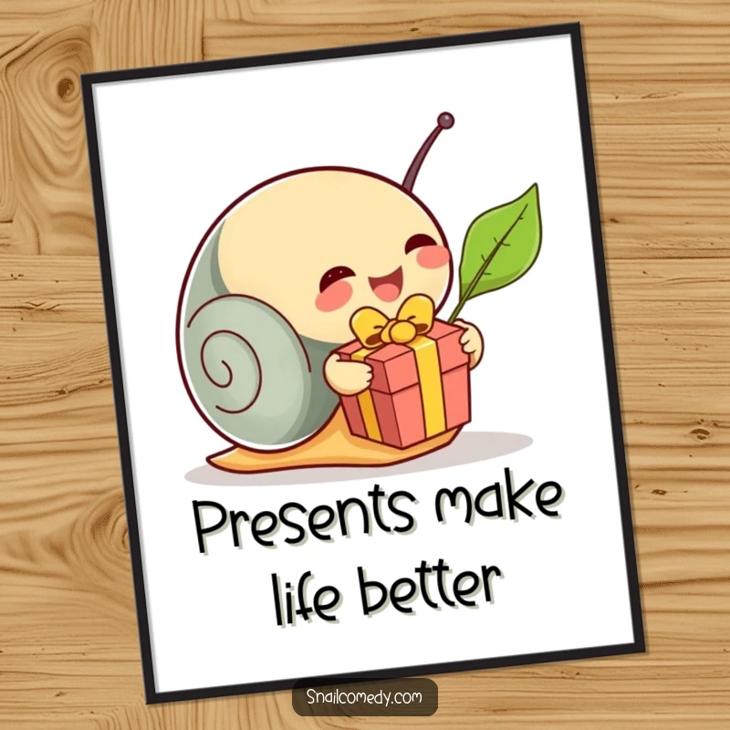 Funny Free Printable Wall Art: A snail excitedly tears open a tiny leaf present, revealing a delightful surprise.