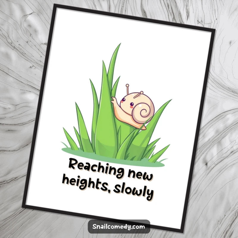 Funny Free Printable Wall Art: A determined kawaii snail hilariously climbing a gigantic blade of grass, showcasing perseverance.