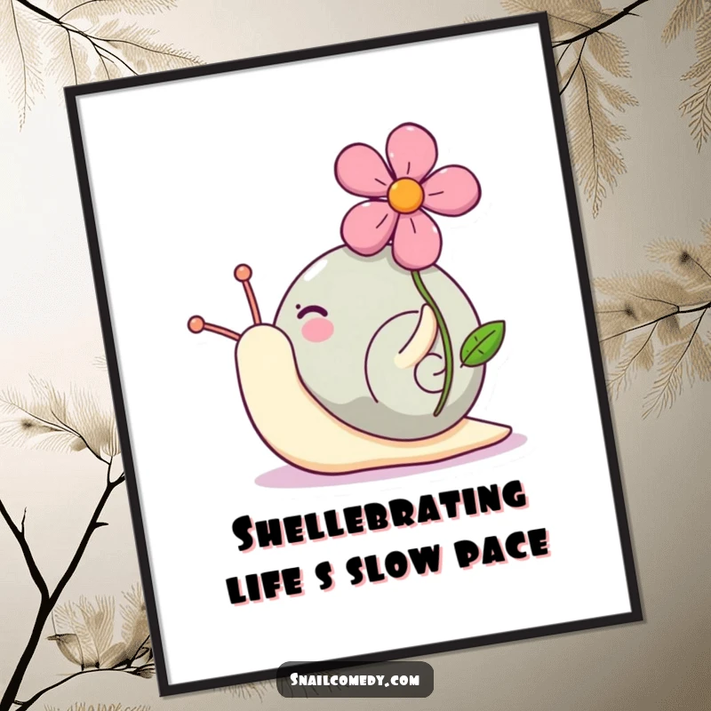 Funny Free Printable Wall Art depicting a cheerful Kawaii snail happily carrying a vibrant flower on its shell, radiating pride and joy.