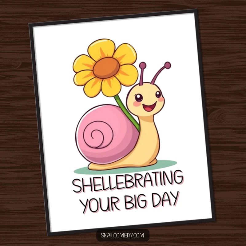 Funny Free Printable Joyful Snail Flower Wall Art: Snail happily carries a large, colorful flower on its shell.