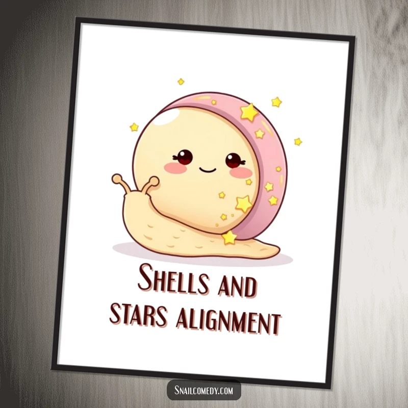 Funny Free Printable Wall Art: A smiling snail happily decorates its shell with a constellation of tiny, glowing stars.