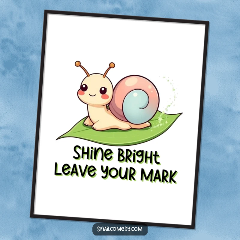 Funny Free Printable Wall Art: A smiling snail leaving a glittery trail on a leaf, great downloadable decor.