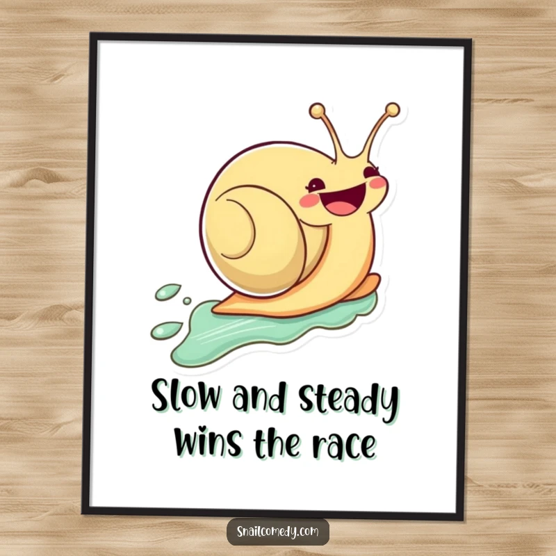 Funny Free Printable Wall Art: A cheerful kawaii snail zooms forward with a massive smile, leaving a slime trail.