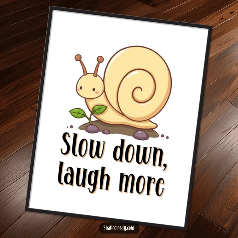 Funny Free Printable Wall Art: Kawaii snail character slowly but surely climbs a small green plant, looking determined.