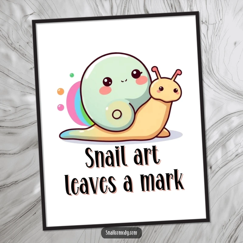 Funny Free Printable Wall Art: A happy snail's slime trail forms a brilliant, colorful rainbow, creating a cheerful and artistic statement.