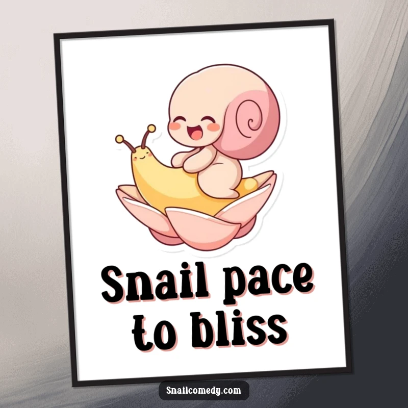 Funny Free Printable Wall Art: A snail is depicted giggling gleefully while riding on a soft, floating petal.
