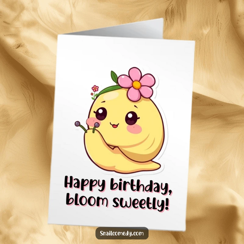 Cute Free Printable Birthday Card featuring a happy kawaii snail wearing a tiny flower as a hat, sending cheerful birthday wishes.