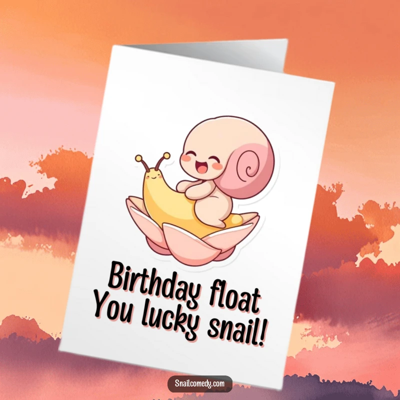 Funny Free Printable Birthday Card: A snail giggles with delight while floating on a large petal.