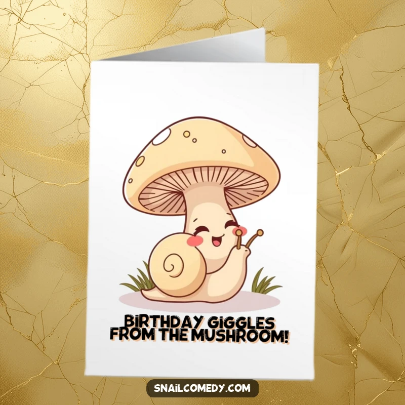 Funny Free Printable Birthday Card: A mischievous snail peeks from under a large mushroom, giggling with playful birthday secrets.