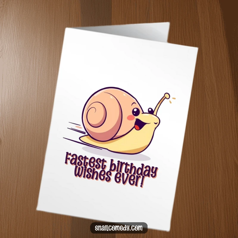 Excited Free Printable Birthday Card showing a kawaii snail zooming forward with surprising speed, conveying energetic birthday greetings.