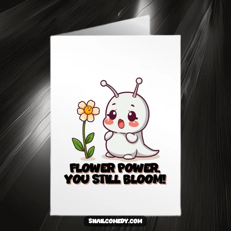 Funny Free Printable Birthday Card: Snail's shocked face as a flower giggles mischievously. A cute downloadable surprise.