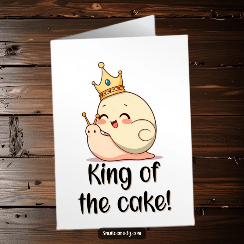 Funny Free Printable Birthday Card: A giggling snail wearing a tiny crown rules its small kingdom with a joyous, proud expression.