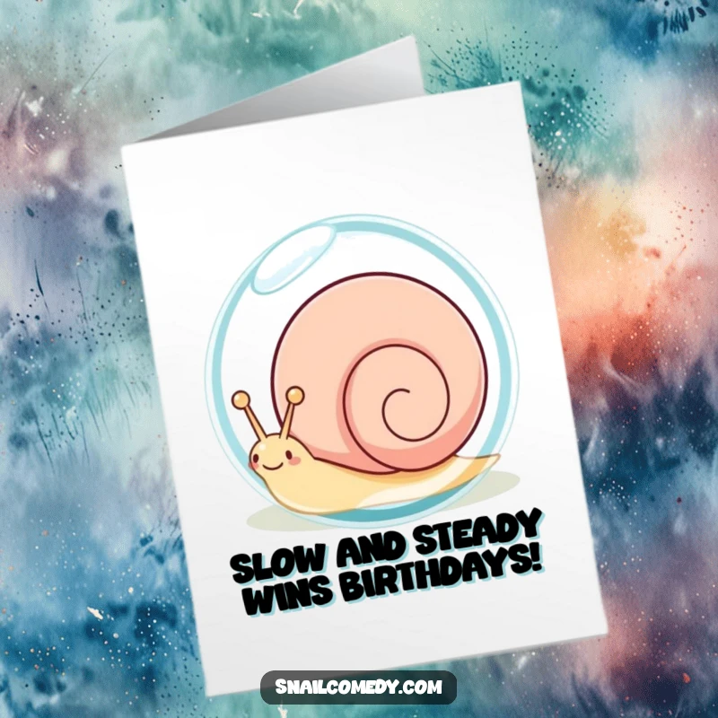 Funny Free Printable Birthday Card: Cute kawaii snail playfully peeking from behind a giant, glistening dewdrop, ready to surprise.