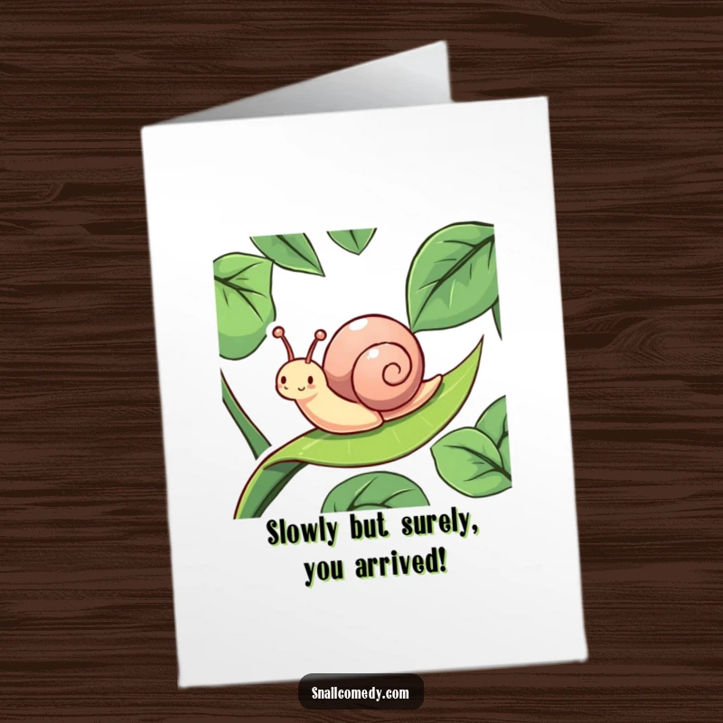 Funny Free Printable Birthday Card: An energetic snail gleefully sliding down a slippery green leaf, leaving a trail of pure joy.