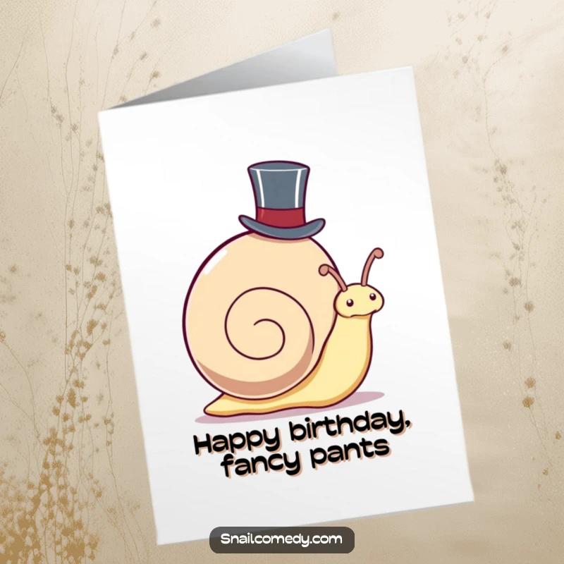 Funny Free Printable Birthday Card: A kawaii snail in a top hat peeking out, a perfect downloadable gift.
