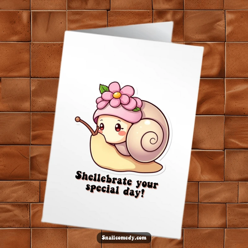 Funny Free Printable Birthday Card: Kawaii snail with flower hat peeking shyly from its shell, whimsical and cute.