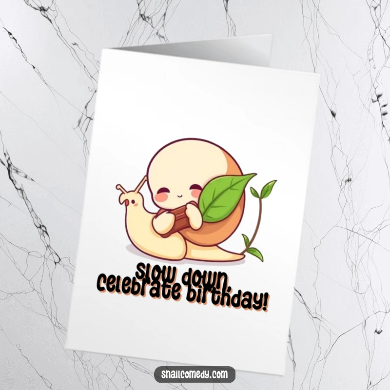 Funny Free Printable Birthday Card: A charming snail plays a leaf like a tiny musical instrument, full of joy.