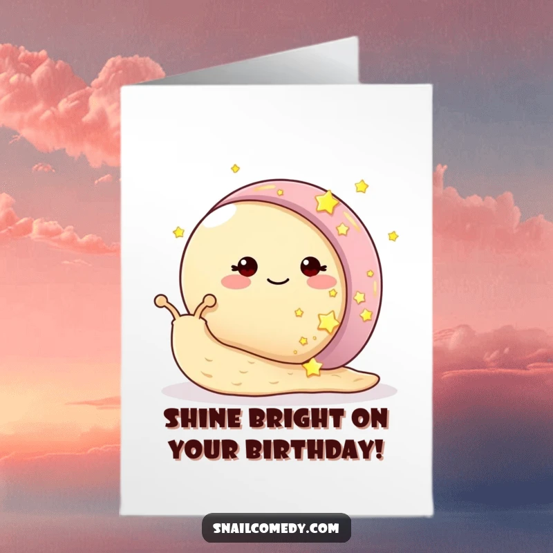 Funny Free Printable Birthday Card: A smiling snail happily glues tiny glowing stars onto its shell for a special celebration.