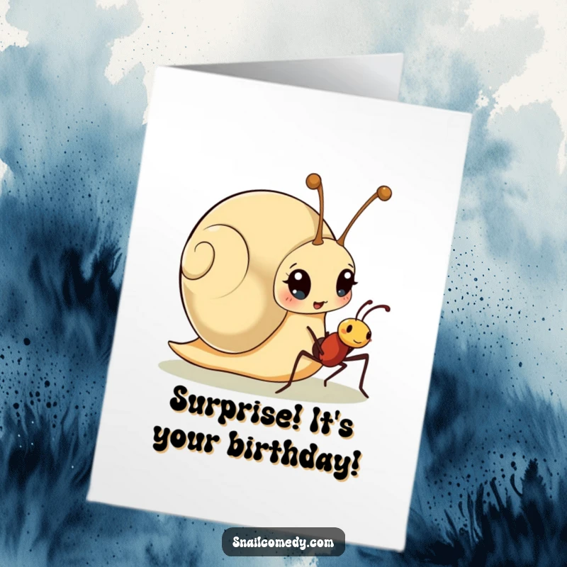 Funny Free Printable Birthday Card: Wide-eyed snail startled by a cheerful ant, celebrating a surprising birthday connection.