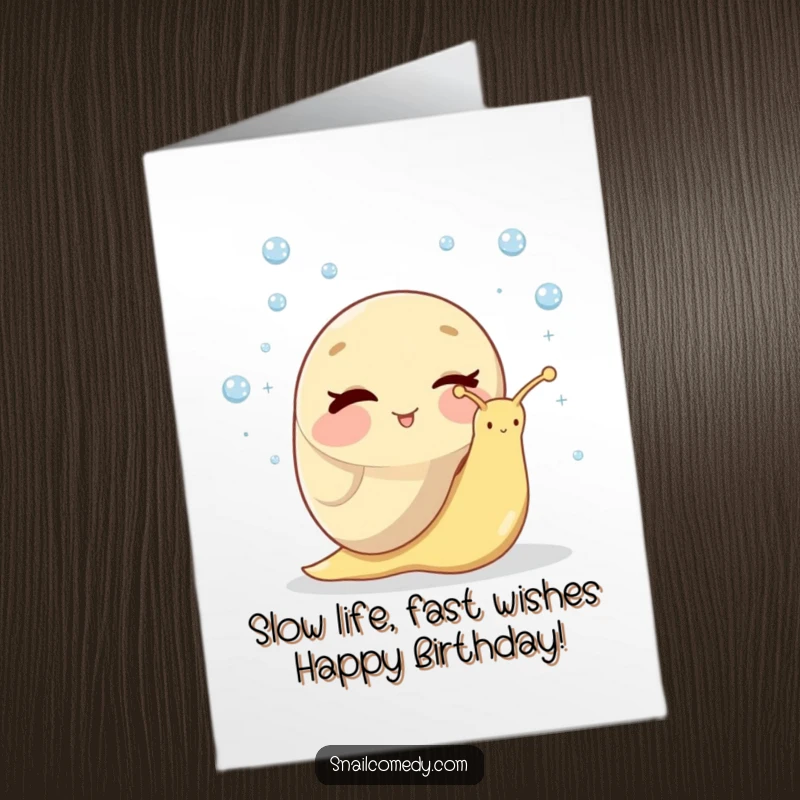 Funny Free Printable Birthday Card: Winking snail joyfully juggles sparkling dewdrops with a cheeky grin, perfect for a lighthearted greeting.