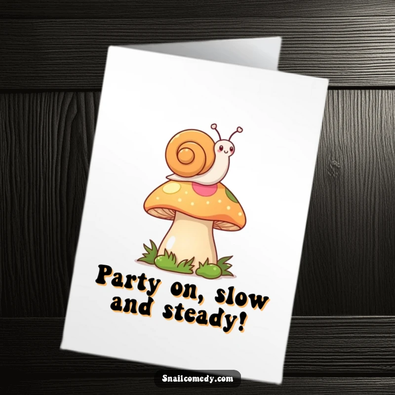 Funny Free Printable Birthday Card: Kawaii snail atop a mushroom waves a tiny flag, perfect for a downloadable greeting.