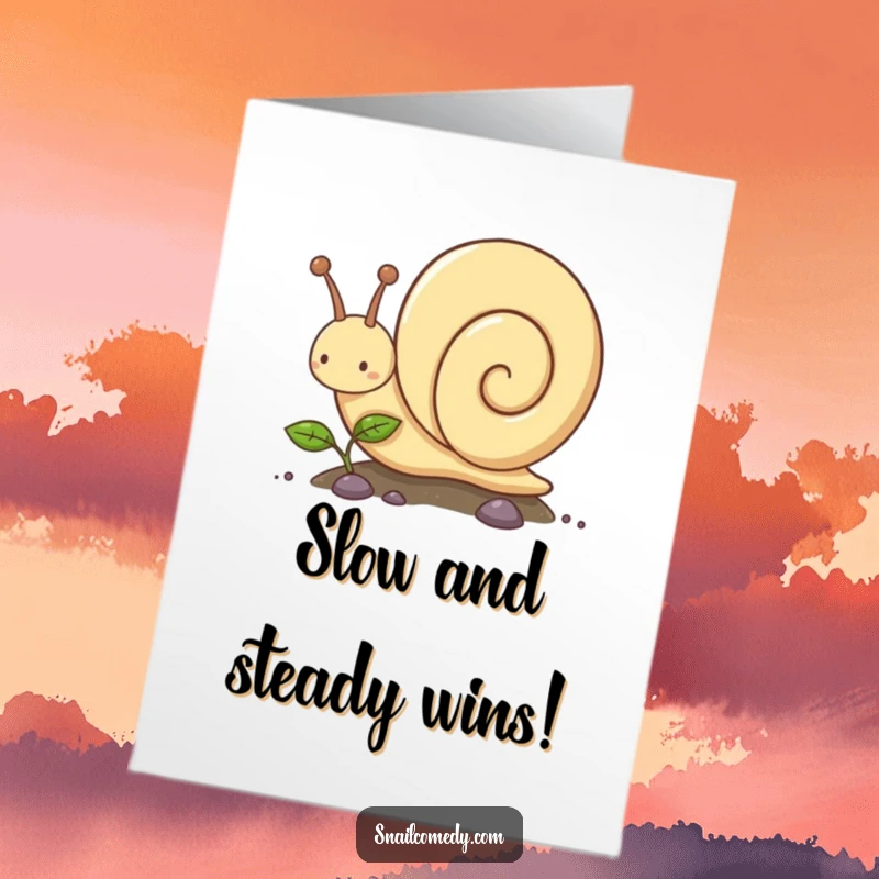 Funny Free Printable Birthday Card: Kawaii snail character slowly climbing a plant, representing steady birthday progress.