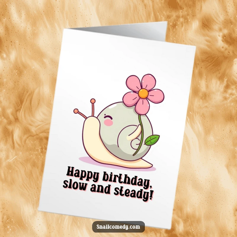 Funny Free Printable Birthday Card featuring a Kawaii snail proudly carrying a large, bright flower on its shell, beaming with joy.