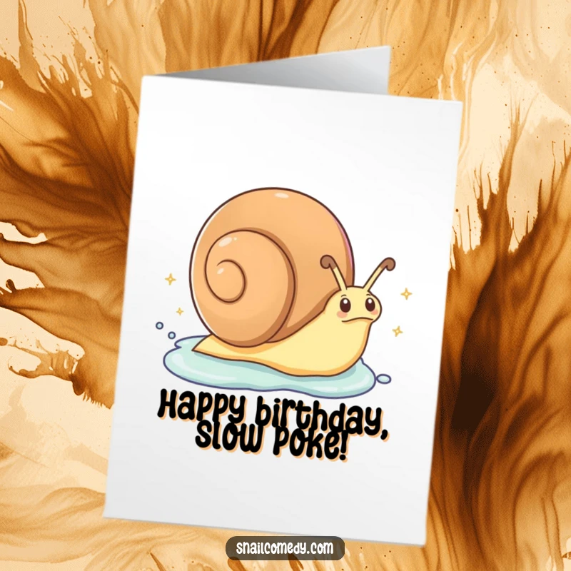 Funny Free Printable Birthday Card: An excited snail zipping along with a trail of sparkling slime, creating a magical effect.