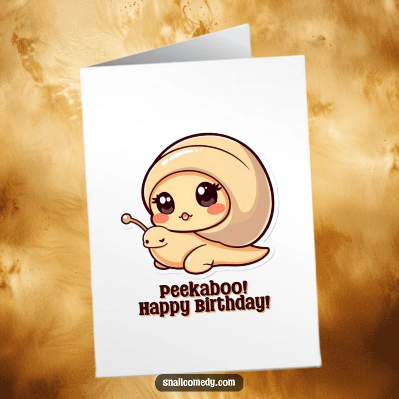Funny Free Printable Birthday Card: Kawaii snail peeks curiously from its shell with wide eyes, a downloadable surprise.