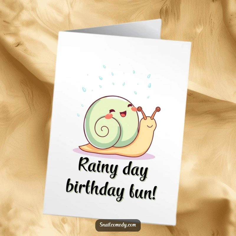 Funny Free Printable Birthday Card: A delighted kawaii snail showers itself in sparkling raindrops, a downloadable celebration.