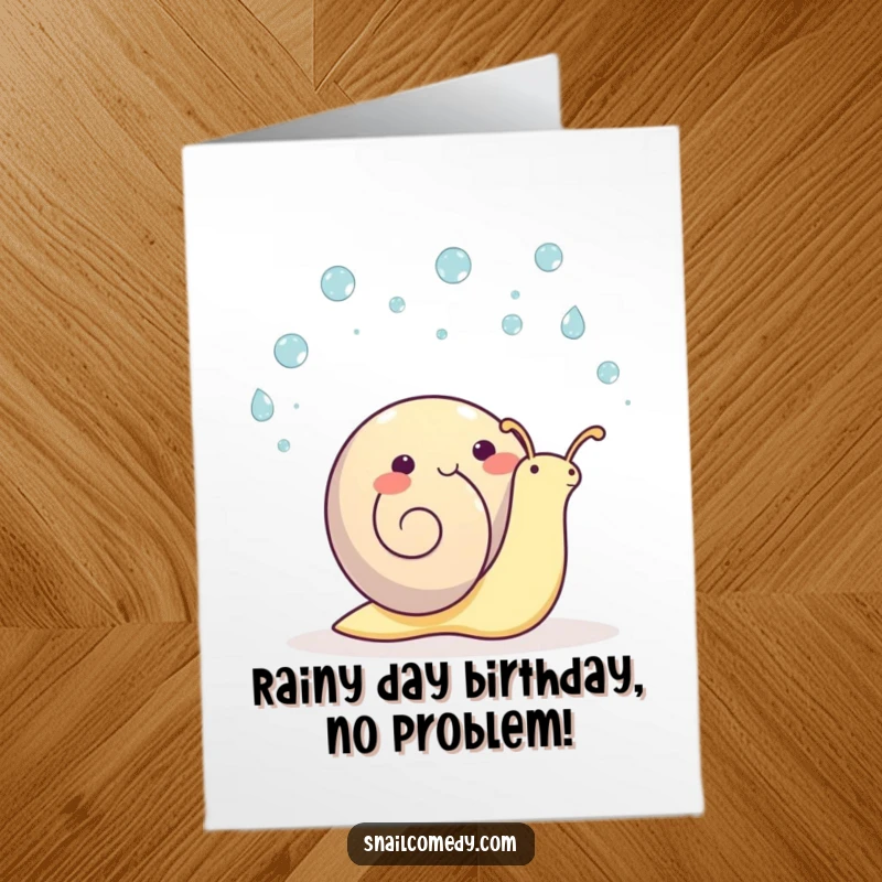 Funny Free Printable Birthday Card of a kawaii snail happily juggling tiny raindrops with a big smile, spreading joy.