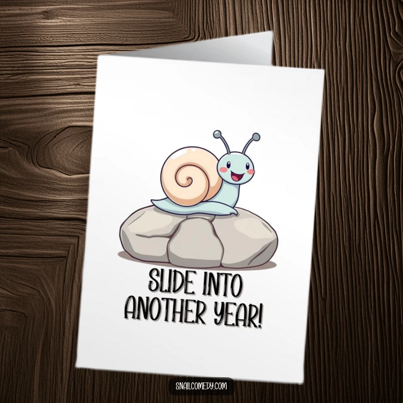 Funny Free Printable Birthday Card: Snail gleefully sliding down a smooth stone, celebrating with pure delight.