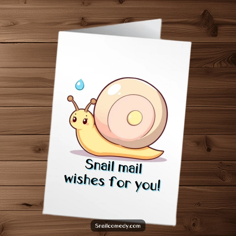Funny Free Printable Birthday Card: Shy kawaii snail with a shy smile offers a glistening dewdrop.
