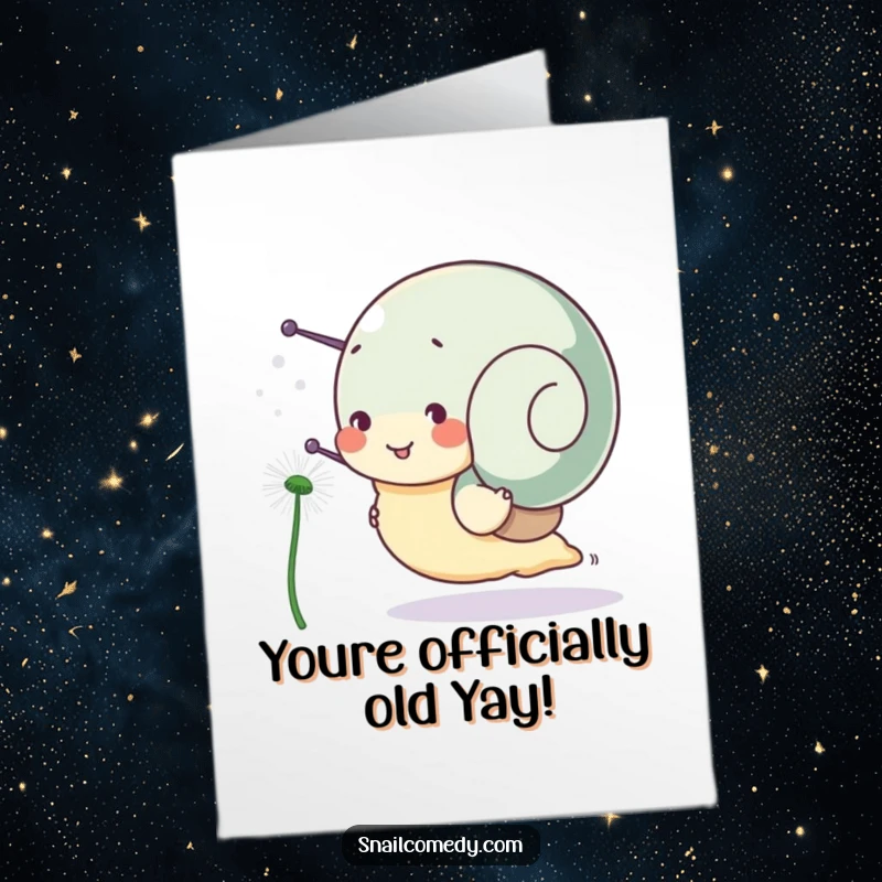 Funny Free Printable Birthday Card: Snail character happily races a dandelion seed, a symbol of swift celebration and joy.