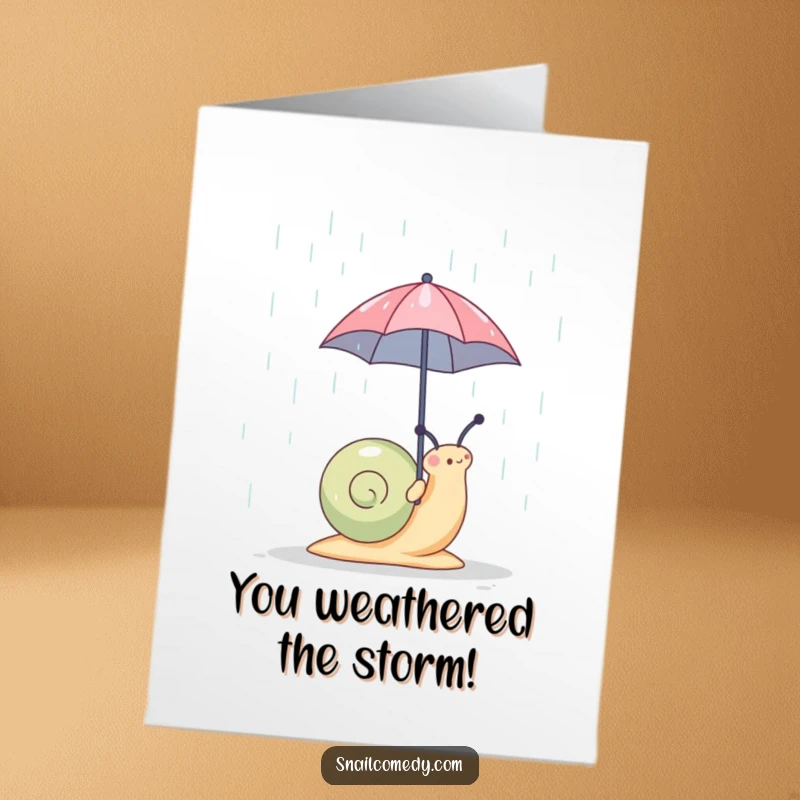 Funny Free Printable Congrats Card: Snail with tiny umbrella, celebrating victories in the rain.