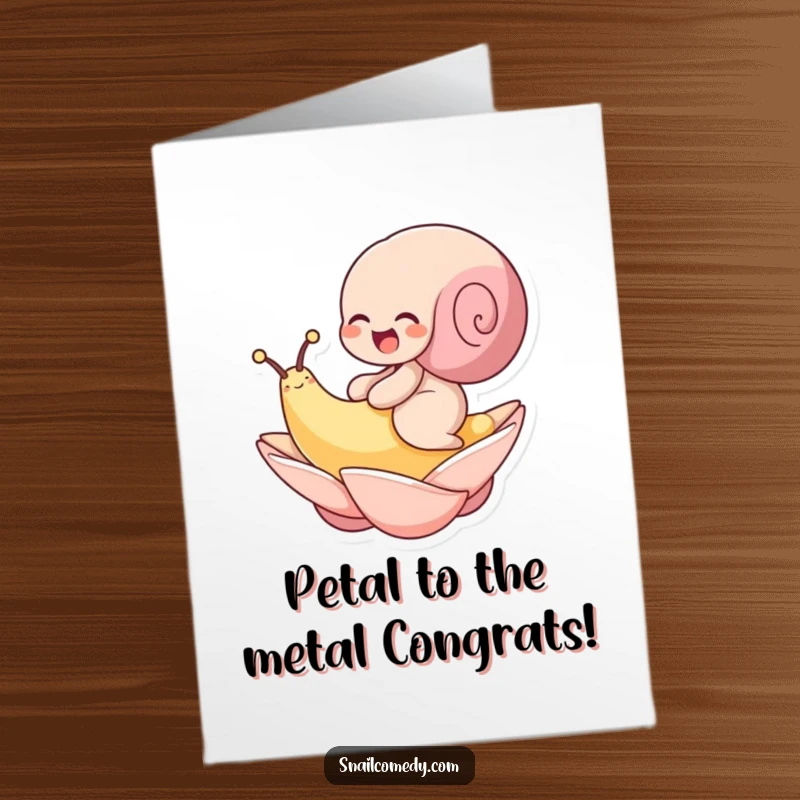 Funny Free Printable Congratulations Card: A snail laughs happily while comfortably riding a floating petal.