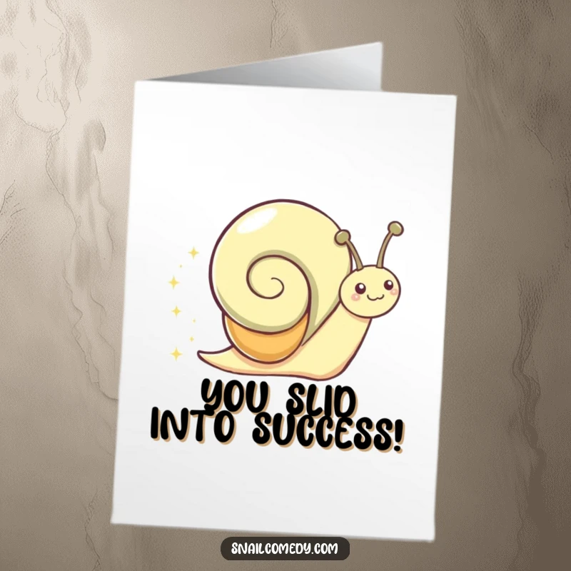Funny Free Printable Congratulations Card: A joyful snail slides gleefully, leaving a shimmering sparkly trail, celebrating success with joy.