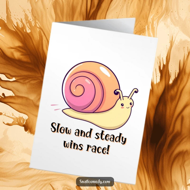 Free Printable Congratulations Card of a cute kawaii snail with a rainbow shell zooming by, signifying fast success.